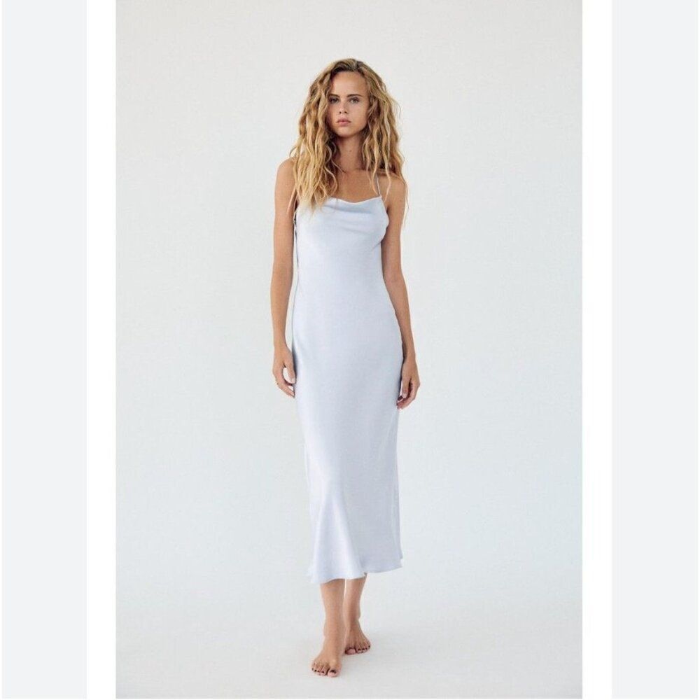 Zara Womens Dress Medium Slip Gray Strappy Midi Satin effect 8448/331 NWT